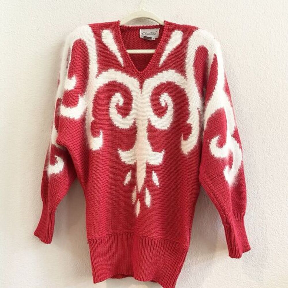 Vintage Christine‎ Bright  Red White Angora Acrylic Blend Oversized Sweater SZ S